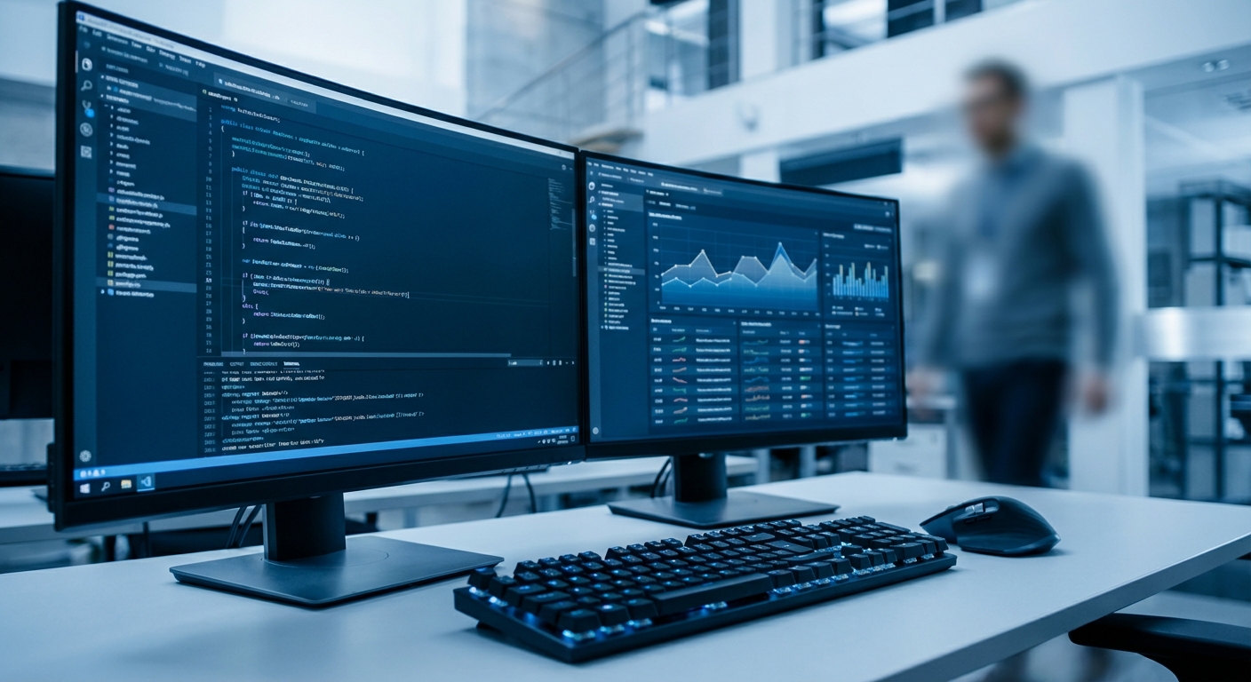 Modern development workspace with code and analytics dashboards
